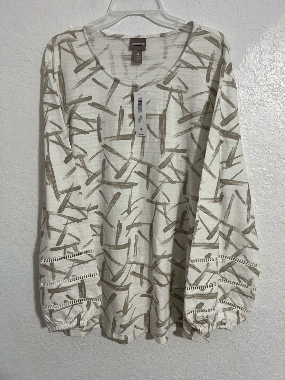 Chico's Ivory with Taupe Brushstroke V-Neck Long Sleeve Top